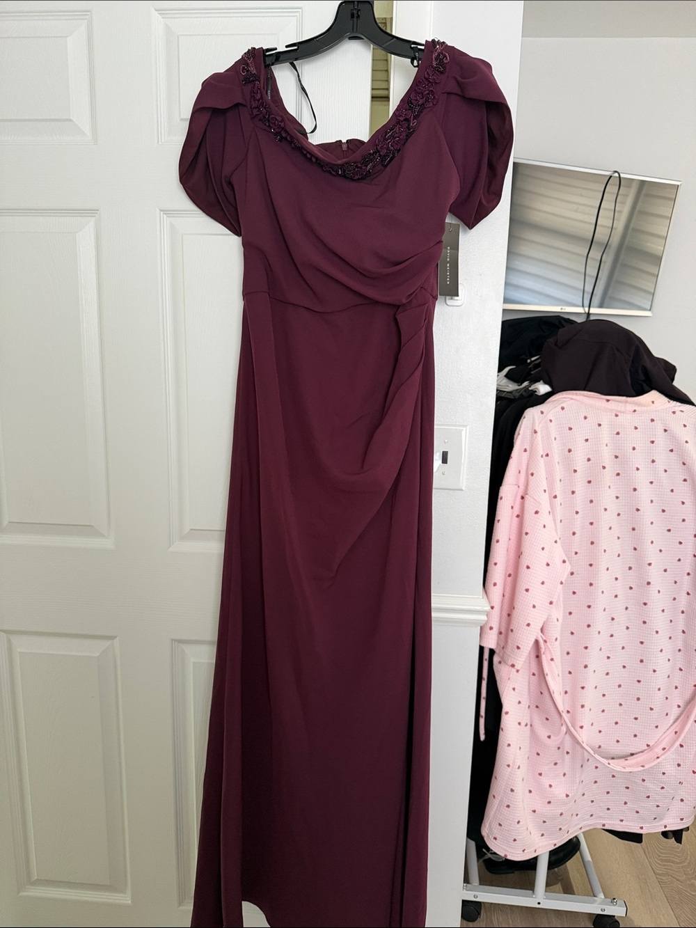 Brand new with tags Elegant Burgundy Evening Gown with Beaded Neckline